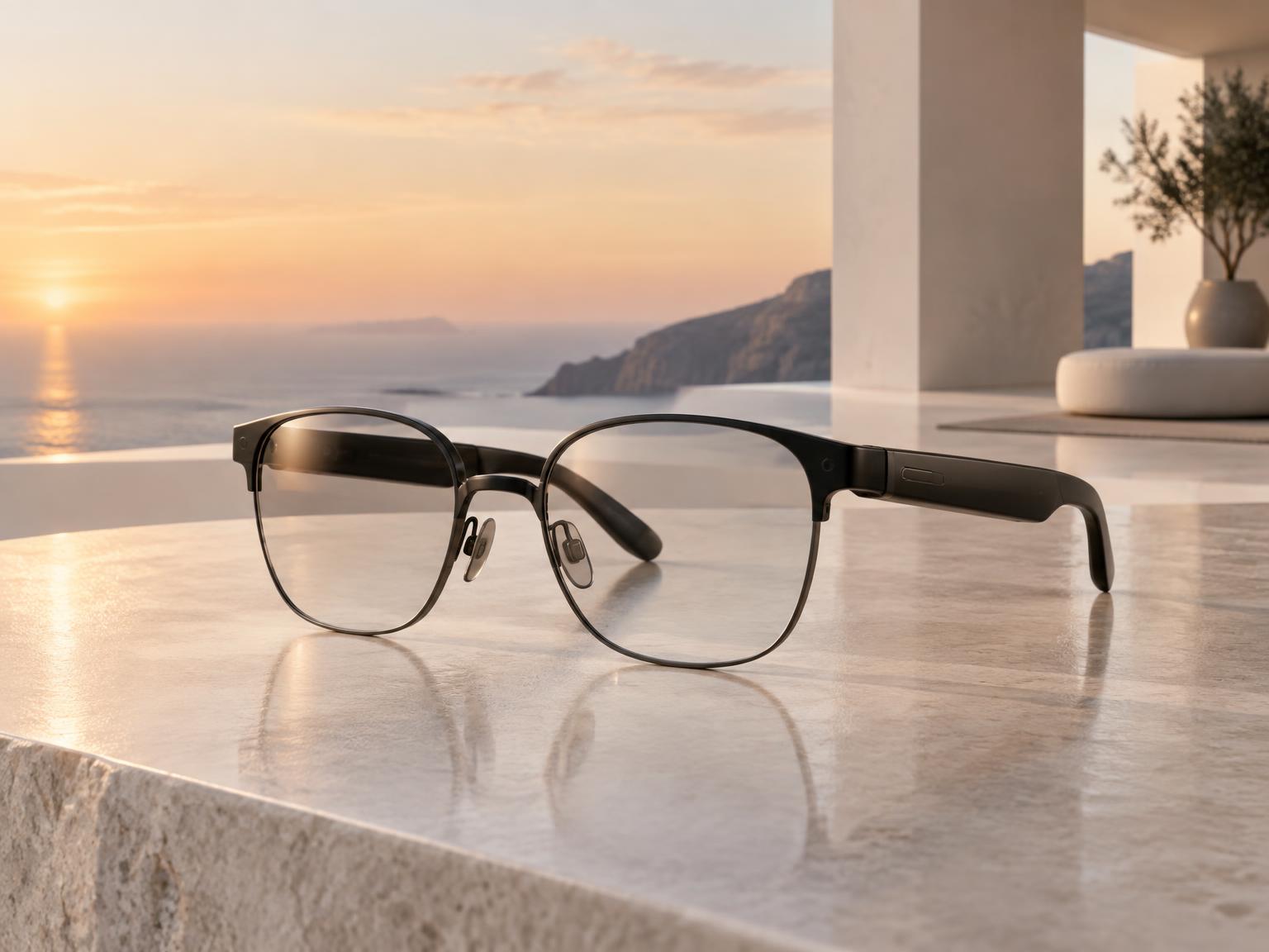 HCELLVI Glass smart glasses resting on polished stone